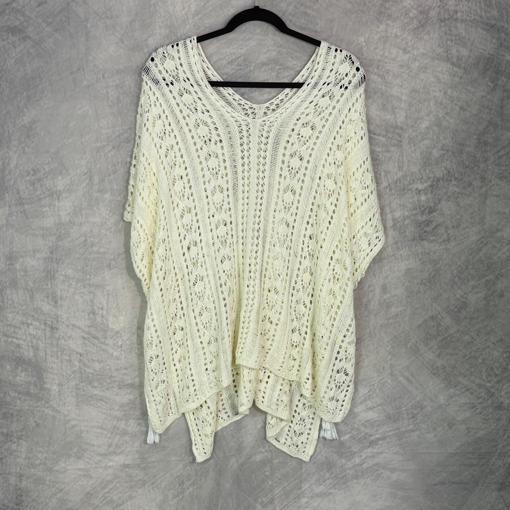 Cream Crochet Knit Poncho Top with Side Tassels Boho Beach festival One Size